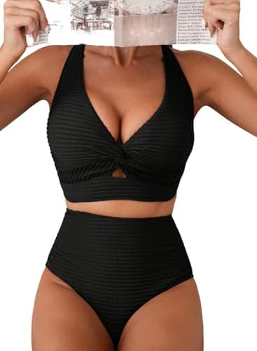 Herseas Women's Black Bikini Sets High Waisted Twist Front Adjustable Straps Bikini Top Push Up 2 Piece Swim Suits Textured Girls Bathing Suits Trendy Beach Vacation Outfits XX-Large - Image 1