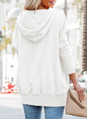 PRETTYGARDEN Women Long Sleeve Casual Button V Neck Hoodies Oversized Sweatshirt Hooded Tops with Big Pockets (Beige White,Medium) - Thumbnail 5