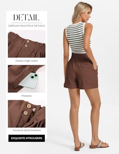 GRACE KARIN Womens Shorts Casual 2026 Summer Linen Elastic High Waist Button Shorts Beach Vacation Clothes Brown L - Thumbnail 3