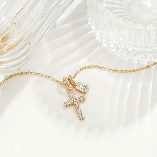 Fettero Gold Necklace for Women - Dainty Cross Necklace Detachable Tiny CZ Cross Pendant Non-Tarnish Faith Gold Necklace for Women Trendy Christian Religious Jewelry Gift - Thumbnail 3