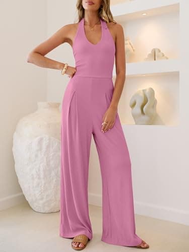 ANRABESS Jumpsuits for Women Summer Halter V Neck Backless Wide Leg Flowy Rib Causal Dressy Rompers 2026 One Piece Outfits Pink Large - Thumbnail 4