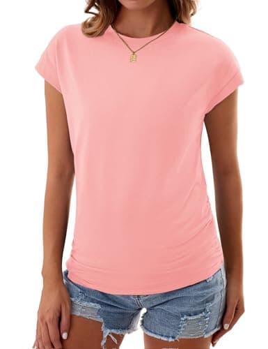 GKBK Womens Summer Cotton Tops Ruched Cap Short Sleeve Tshirts Crew Neck Shirts Fashion Coral XXL - Image 1
