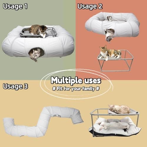 XxingSheep 2-Tier Cat Tunnel & Hammock Bed XXL, 4 Cave Shuttle with Elevated for Multiple Cats Toy Light Grey - Thumbnail 4