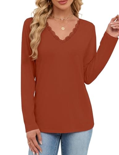 JUSTFASHIONNOW Lace Long Sleeve Tops for Women V Neck T Shirts Business Casual Blouses Cute Tunic Tops Trendy Comfy Tee Winter Outfits 2025 (Caramel,Large) - Thumbnail 5