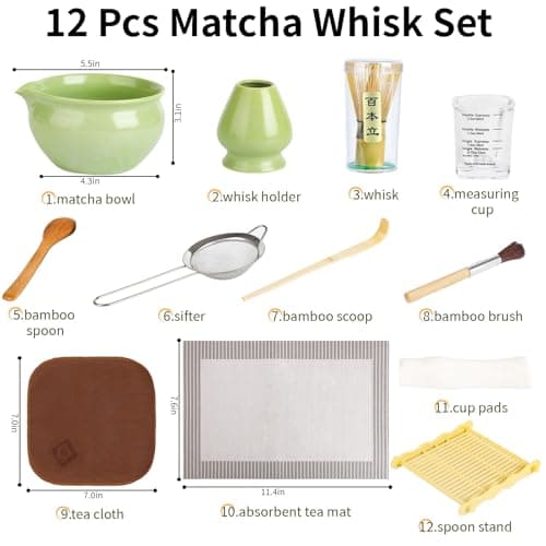 12 Pcs Matcha Whisk Set - Matcha Set Includes Ceramics Matcha Bowl and Cup, Matcha Kit for Ceremony Making Tools, Gift for Family/Friend （green） - Thumbnail 3