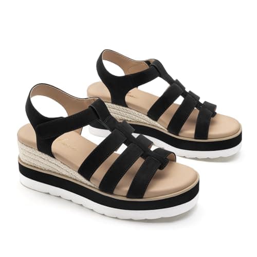 Athlefit Espadrille Low Wedge Sandals for Women Comfortable Casual Open Toe Platform Sandals for Summer Beach Vacation Black, Size 5.5, SAPS2612W - Thumbnail 6