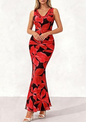 PRETTYGARDEN Women's Spring Formal Wedding Guest Dress 2026 Cowl Neck Summer Vacation Outfits Polka Dot Floral Maxi Dresses(Black Red Flower,Large) - Thumbnail 3