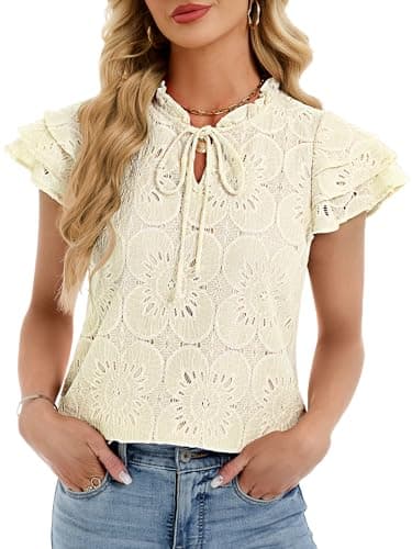 Funlingo Blouses for Women Dressy Casual Ruffle Cap Sleeve Eyelet Lace Boho Tops Summer Hollow Out Embroidered Shirts Trendy Clothes 2026 Beige S - Image 1
