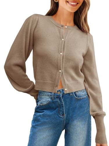 Saodimallsu Womens Cropped Cardigan Sweaters Crew Neck Button Down Long Puff Sleeve Loose Knit Fall Trendy Sweater Tops Khaki - Image 1