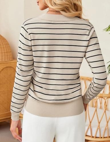 Kate Kasin Black Apricot Striped Long Sleeve Sweaters for Women, V Neck Knitted Tops, Lightweight Collared Sweater Shirts M - Thumbnail 4