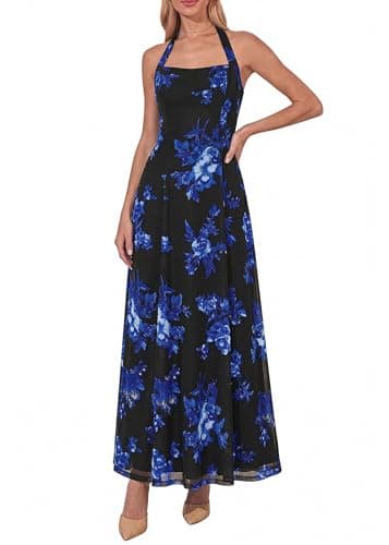 KIRUNDO Women's 2026 Summer Spring Wedding Guest Halter Floral Maxi Dress Sleeveless Mesh Cocktail Beach Vacation Sundress(Black, X-Large) - Image 1