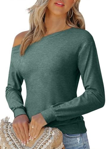 EVALESS Womens Spring Summer Fall Asymmetrical Boat Neck Drop-Shoulder Tops 2025 Fashion Sexy Casual Going Out Blouses Long Sleeve Shirts Clothes,Mist Green Medium - Image 1