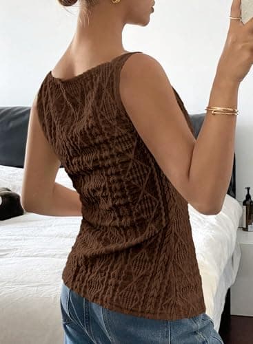 BLENCOT Womens Slim Fitted Knit Vest Sleeveless Button Down Vests Tops Stretch Textured Jacquard Going Out Tank Top Fashion 2026 Brown 2X-Large - Thumbnail 3