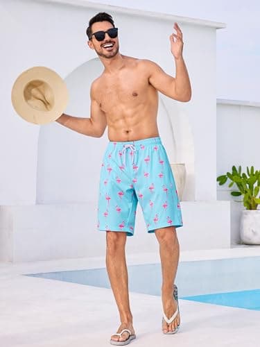 SILKWORLD Mens Swimming Trunks with Compression Liner 2 in 1 Quick-Dry 9" Swim Shorts with Zipper Pockets, Blue Pink Flamingo, XX-Large - Thumbnail 5