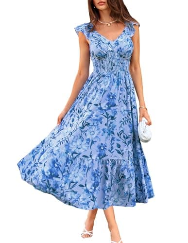 GRACE KARIN Women's Summer Floral Maxi Dress 2026 Ruffle Sleeve Smocked Sundress Flowy Wedding Guest Long Dresses Blue Floral XL - Image 1