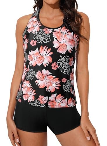 Aleumdr Womens Tankini Swimsuits Athletic 3 Piece Tummy Control Bathing Suits with Shorts Modest Tank Tops Pink Printed XX-Large - Image 1