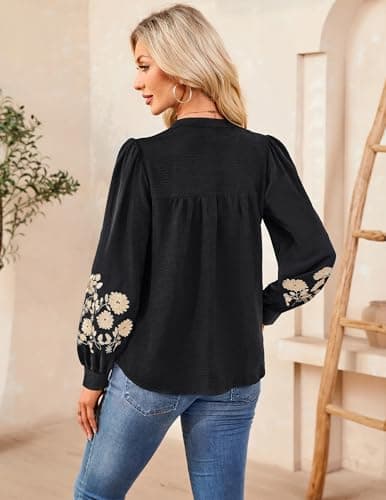 LOOKBOHO Women's Floral Embroidered V-Neck Puff Long Sleeve Casual Tops Fashion Boho Mexican Shirts Fall Blouses 2025 M - Thumbnail 3