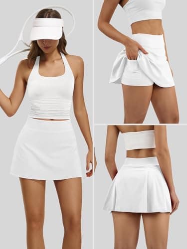 AFFOLE Women Tennis Skirt Golf Skorts Athletic High Waisted with Pockets Inner Shorts Sport Workout Pleated Pickleball White - Thumbnail 5