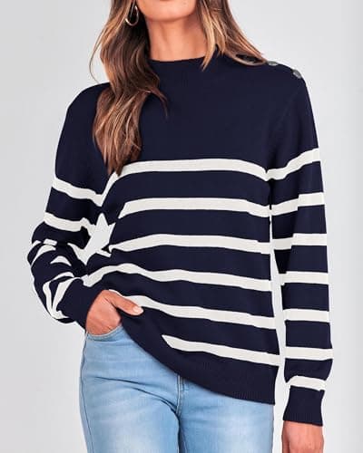 KIRUNDO Fall Sweaters for Women 2026 Striped Turtleneck Ribbed Knit Sweater Trendy Pullover Jumper Winter Fashion Clothing(Small, Navy) - Thumbnail 3