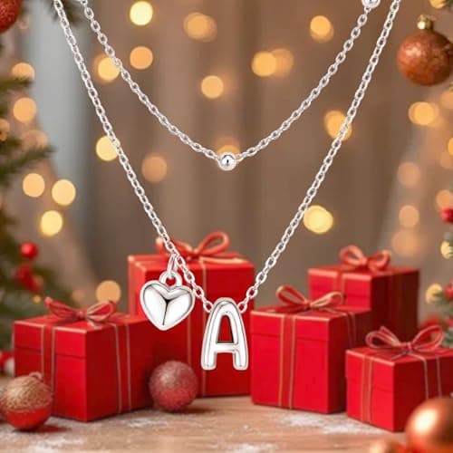 adoyi Easter Basket Stuffers Silver Heart Initial Necklaces for Women 14k Gold Plated Layered bubble Letter Necklace Dainty Heart I Pendant Necklace Stack Birthday Valentines Gifts for Women Jewelry - Thumbnail 6