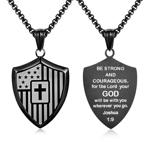 Christian Cross Bible Verse Necklace for Men - Shield American Flag Stainless Steel Chain Black Necklaces Religious Christian Catholic Jewelry Gifts for Men - Image 1