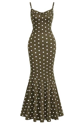 PRETTYGARDEN Womens Summer Dresses 2026 Polka Dot Spaghetti Strap Cowl Neck Bodycon Wedding Cocktail Mermaid Maxi Dress(Dot Army Green White,Large) - Image 1