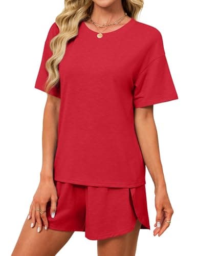 JUSTFASHIONNOW Womens Split Short Pajama Sets Summer 2 Piece Short Sets Cute Bamboo Pj Set Comfy Lounge Sets Soft Pjs Sleepwear(Red,Large) - Thumbnail 6