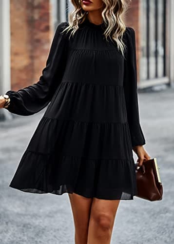 KIRUNDO Long Sleeve Baby Doll Dresses Women 2026 Casual Spring Summer Ruffle Mock Neck Tiered Mini Flowy Swing Shift Dress(Black, Medium) - Thumbnail 4