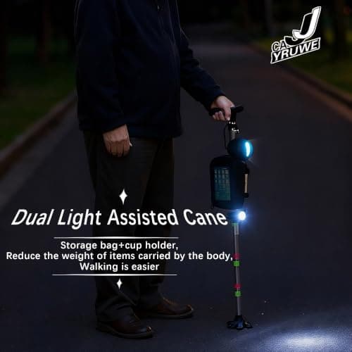 CAJJYRUWE Multiple Crutch for Adult Seniors Walk Travel Ergonomic Stick Aluminum Portable Cane Adjustable Height include Night light Storage Bag Cup Holder Bell Spare large medium Anti-Slip Rubber Tip - Thumbnail 2