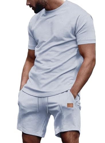 JMIERR Lounge Sets for Men Pajama 2 Piece Outfits Set Workout Sets T Shirts and Shorts Matching Sleepwear Loungewear Sweatsuit with Pockets, XL, Sky Blue - Image 1