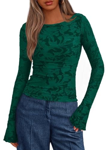 BTFBM Casual Long Sleeve Shirts Fall 2025 Going Out Tops for Women Trendy Floral Work Blouses Bodycon Tunics(Dark Green,X-Large) - Image 1