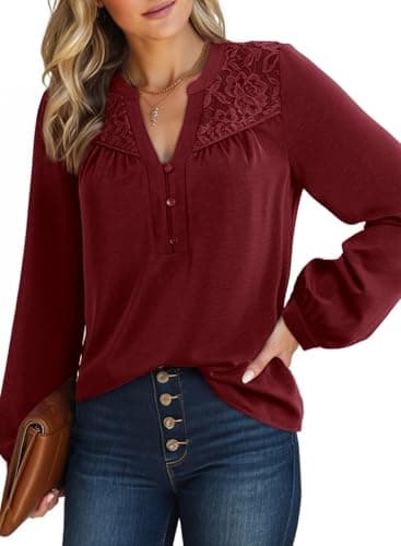 Dokotoo Womens Long Sleeve Tops Dressy Casual Blouses Spring Clothes Business Work Blouses Button Down Shirts V Neck Red Tops for Women L - Image 1