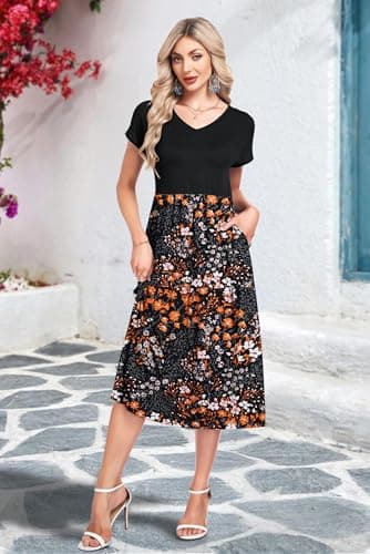 WNEEDU Casual Dresses for Women Sundress Hawaiian Womens Summer Dresses 2026 Vestidos Casuales para Mujer Boho Dress Cruise Outfits with Pocket Graduation Vacation Midi Dress,BK PK OG Floral,M - Thumbnail 2