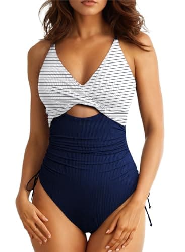 Aleumdr Women's Cutout One Piece Swimsuit Tummy Control Bathing Suit Twist Front High Cut Swimwear Striped Blue Medium - Image 1