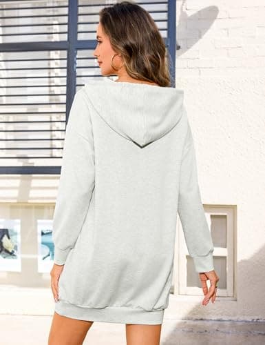 Quenteen Women Hooded Sweatshirts Dress Casual Long Sleeve Tunic Dress Oversized Sweatshirts with Pocket Light Gray - Thumbnail 5