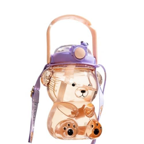 DegoCython Kawaii Bear Straw Water Bottle for Kids 31.5oz (930ml) - Leak Proof One Touch, BPA Free, Adjustable Removable Shoulder Strap, Cute Water Bottle for Boys Girls, Purple, Phone Holder Lid - Image 1