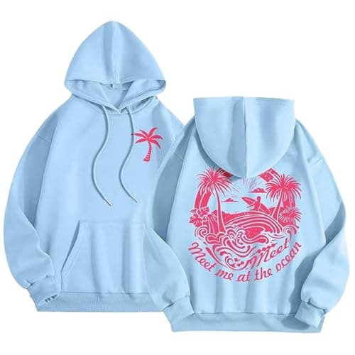 Enthowother Palm Puff Hoodie for Women, Cute Palm Pink Graphic Pullover Sweatshirt (Blue,Medium)