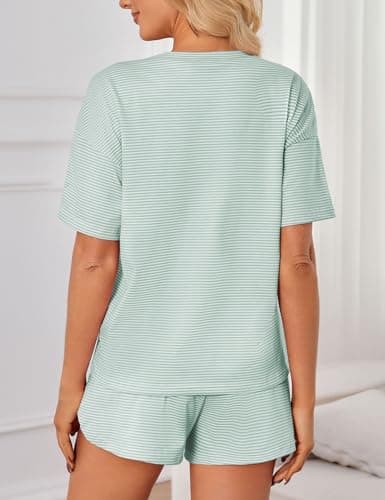 JUSTFASHIONNOW Womens Pajama Sets Shorts Striped Print Two Piece Lounge Sets Crew Neck Sleepwear Soft Pjs Split Shorts Set Summer Outfits Cute Pajama Sets for Women Pink S Cyan S - Thumbnail 4