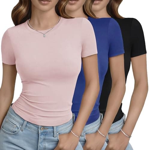 GAYHAY 3 Pack Basic Tees for Women - Crew Neck Slim Fit Tight T Shirts Cute Y2K Trendy Crop Tops Clothes for Casual Summer 2025 Black Pink Royal Blue - Image 1