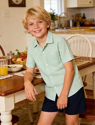 Cozople Boys Button Down Short Sleeve Shirts Lightweigh Soft Seersucker Shirt with Curved Hem Hawaiian Aloha Tops Cusual Chest Pockets Green Stripe - Thumbnail 6