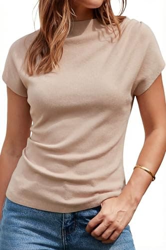 Arach&Cloz Womens Ruched Summer Tops Mock Neck Cap Sleeve Ribbed T Shirts Slim Fit Ladies Spring Sweaters Vacation Outfits Dressy Business Casual Short Sleeve Blouse Trendy Apricot S - Image 1