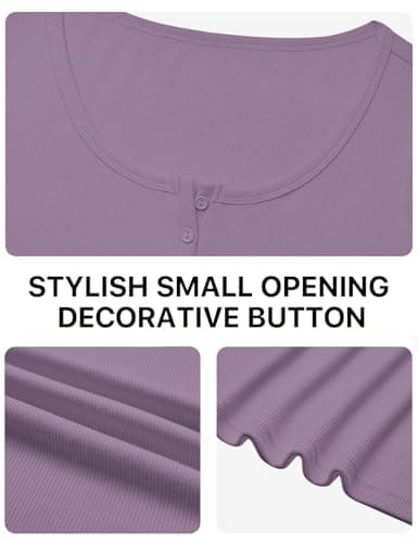 Womens Short Sleeve Tops Stretchy Henley Scoop Neck Fitted Casual Basic Top T-Shirts Ribbed Button Blouses 2026 Summer Trendy Purple S - Thumbnail 6