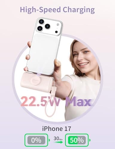 RORRY PalmGo Portable Charger, 10000mAh Small Power Bank with Built-in USB C Connector, 3-in-1 22.5W Fast Charging Battery Pack for iPhone 17/16/15 Pro/Max, Apple Watch Ultra/11/10/SE, iPad, Pink - Thumbnail 3