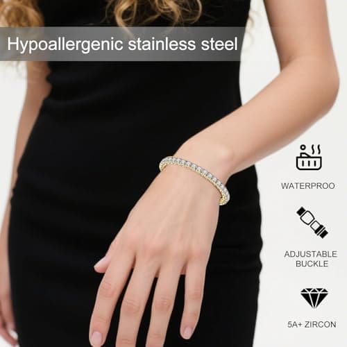 Tennis Bracelet for Women Men, 14K Gold Plated Round 5mm AAAA+ Cubic Zirconia CZ Dainty Classic Adjustable Stainless Steel Bracelets Festival Wedding Jewelry Gift (Gold, CZ 5mm) - Thumbnail 2