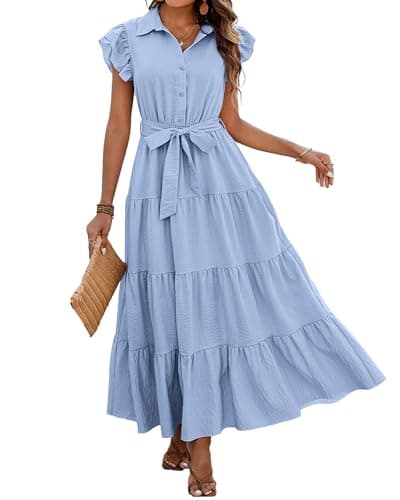 dowerme Ladies Dress 2025 Ruffle Cap Sleeve Button Down V Neck Tie Waist Plain Pleated Tiered Boho Flowy A-Line Dresses(Sky Blue,X-Large) - Image 1
