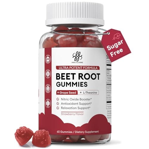 Beet Root Gummies – Blood Pressure Support & Mood Support, Super Nitric Oxide Beets Supplement with Grape Seed, L-Theanine & Vitamin C, Sugar-Free Vegan, 30:1 Beet Root Extract, 60 Strawberry Chews - Image 1