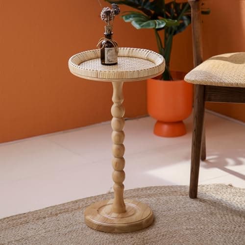 HuiDao Drink Table，Rattan Round Small Side Table for Small Spaces, Boho Circle End Table Coffee Table with Solid Wood Leg for Living Room, Pedestal Table for Bedroom, Corners - Image 1