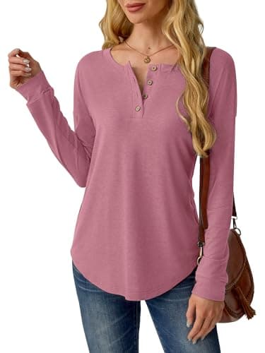 GKBK Womens Henley Tops Long Sleeve Shirts Button Pullover Loose Fit Henley Neck Tunics Dark Pink XXL - Thumbnail 2
