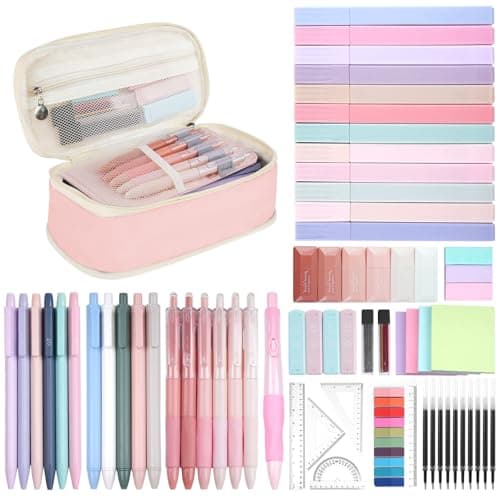65Pcs Aesthetic School Supplies with Cute Pencil Case, 12 Pastel Highlighters, 10 Black Ink Gel Pens, Mechanical Pencils, Sticky Note Ruler Correction Tape for College Essentials Stationary Gift, Pink