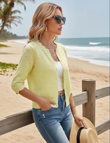 GRACE KARIN Womens Short Sleeve Cardigan Sweater Lightweight Cropped Cardigan Trendy Dressy Casual Crochet Bolero Shrugs Yellow - Thumbnail 5